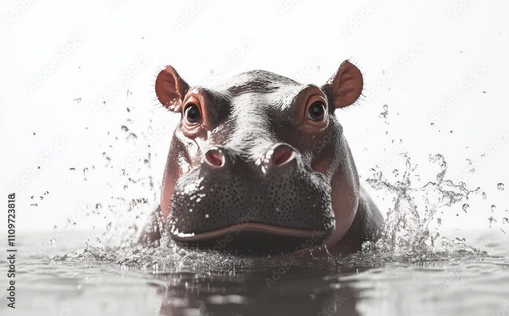 A hippo plays in the water on a sunny day in its natural environment.