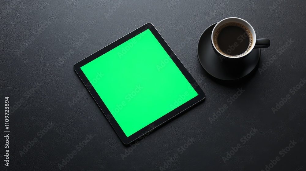 A tablet with a green screen displayed on a clean, smooth black surface with a cup of coffee beside it. A tablet with a green screen displayed on a clean, smooth black surface with a cup of coffee beside it.