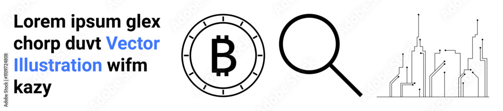 Bitcoin symbol inside circular border, magnifying glass, city skyline outline, and placeholder text. Ideal for finance, cryptocurrency, search, analysis, urban planning, blockchain, technology Bitcoin symbol inside circular border, magnifying glass, city skyline outline, and placeholder text. Ideal for finance, cryptocurrency, search, analysis, urban planning, blockchain, technology
