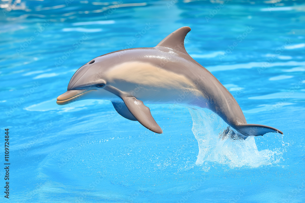 Fototapeta premium A playful dolphin jumps out of the crystal clear blue water, showcasing its agility while delighting onlookers. The scene captures a vibrant marine environment under a sunny sky.