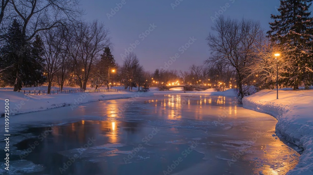 Winter Wonderland: Serene Frozen River at Night with Glowing Lights and Snow-Laden Trees - Ultra-Detailed Tranquil Landscape Winter Wonderland: Serene Frozen River at Night with Glowing Lights and Snow-Laden Trees - Ultra-Detailed Tranquil Landscape