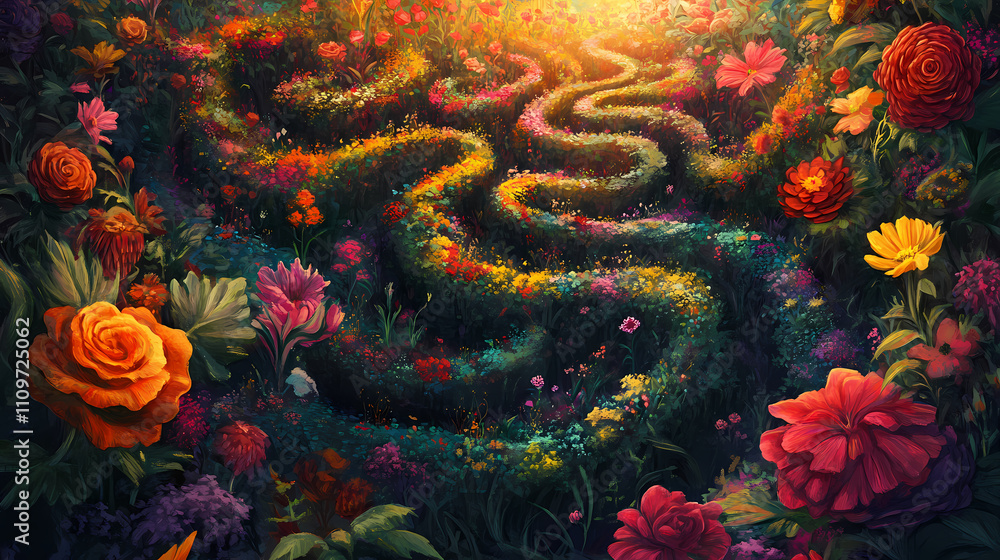 A magical garden hidden within a labyrinthine maze, where enchanted flowers bloom in kaleidoscopic colors. Labyrinthine. Illustration A magical garden hidden within a labyrinthine maze, where enchanted flowers bloom in kaleidoscopic colors. Labyrinthine. Illustration