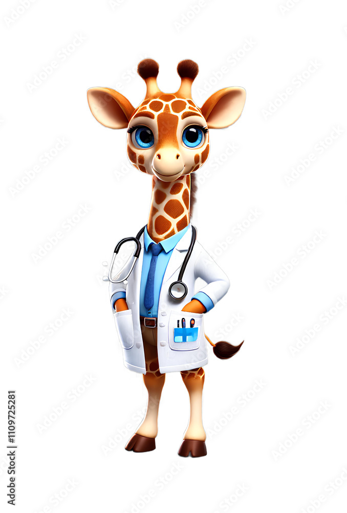 Obraz premium A cartoon giraffe doctor in a white coat, wearing a stethoscope, with a friendly and professional look.
