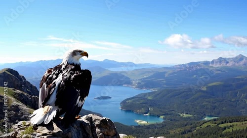 Majestic bald eagle perched on a mountaintop, overlooking vast landscapes, embodying strength and freedom in nature.