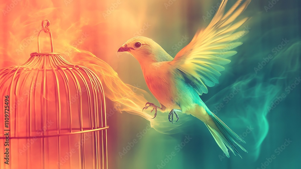 Fototapeta premium Colorful bird escaping fiery cage, freedom concept.