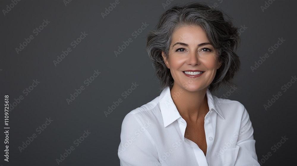 Mid aged woman smiling into the camera on a neutral background. Skincare, beauty, cosmetics, wellness concept Mid aged woman smiling into the camera on a neutral background. Skincare, beauty, cosmetics, wellness concept