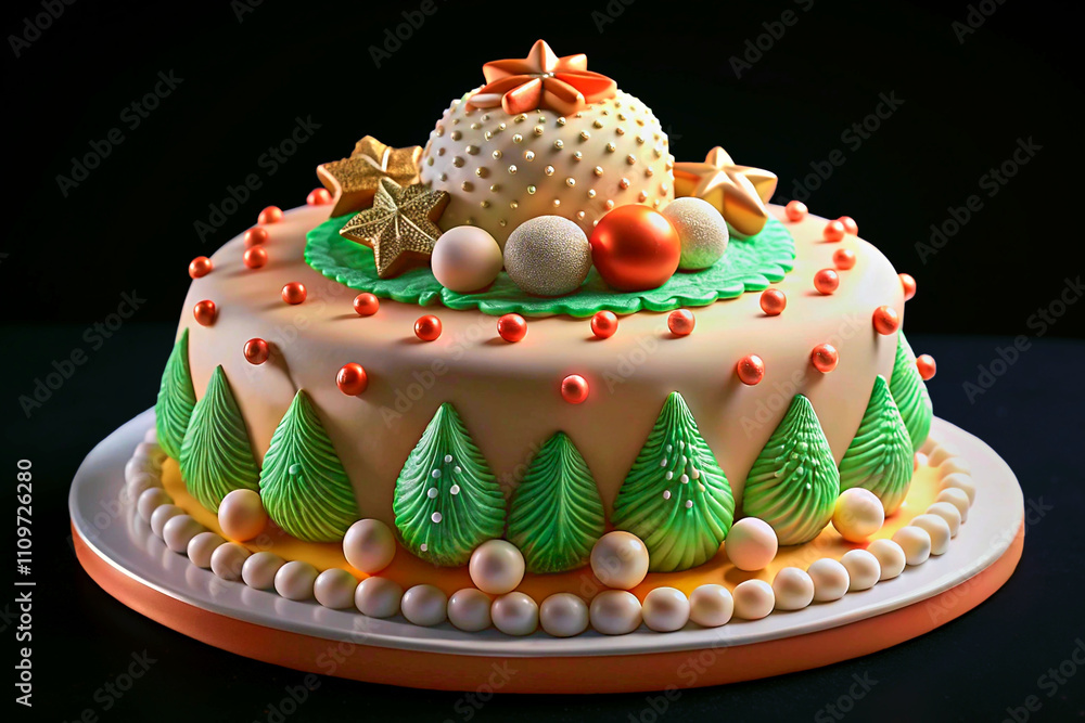 Festive cake with green petals, covered with icing, cream, white chocolate Festive cake with green petals, covered with icing, cream, white chocolate