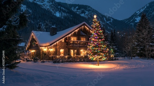 Wallpaper Mural Enchanting Christmas Night in a Snowy Mountain Retreat with Cozy Cabin and Colorful Lights - Ultra-Detailed Winter Scene Torontodigital.ca