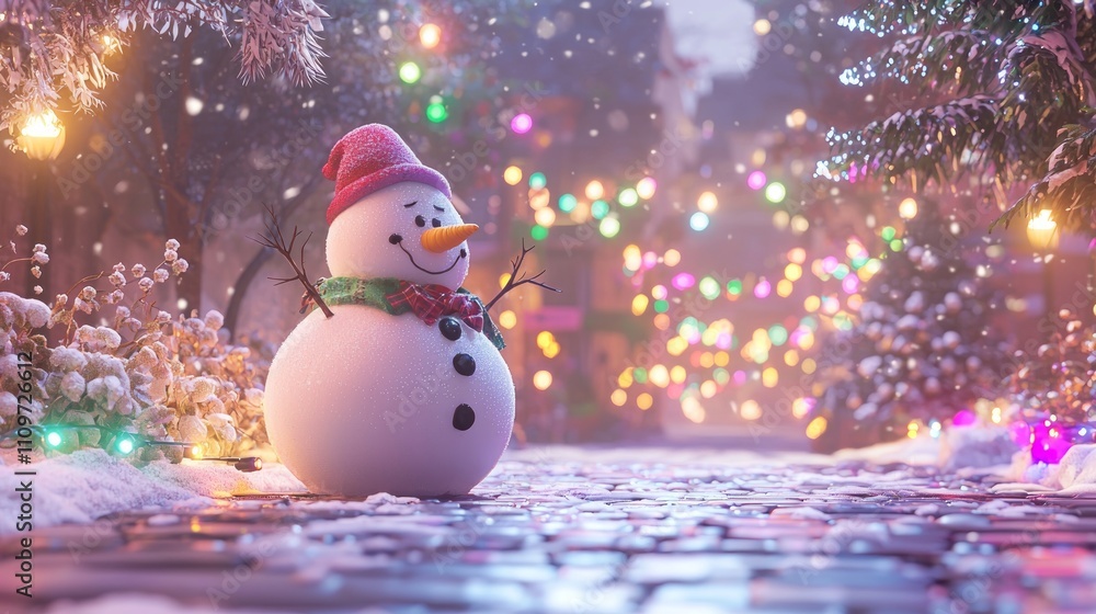 Fototapeta premium Whimsical Holiday Magic: Playful Snowman Amidst Colorful Lights and Snowflakes