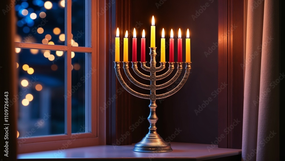 Fototapeta premium Menorah with nine lit candles to celebrate Hanukkah in a cozy setting by the window at night