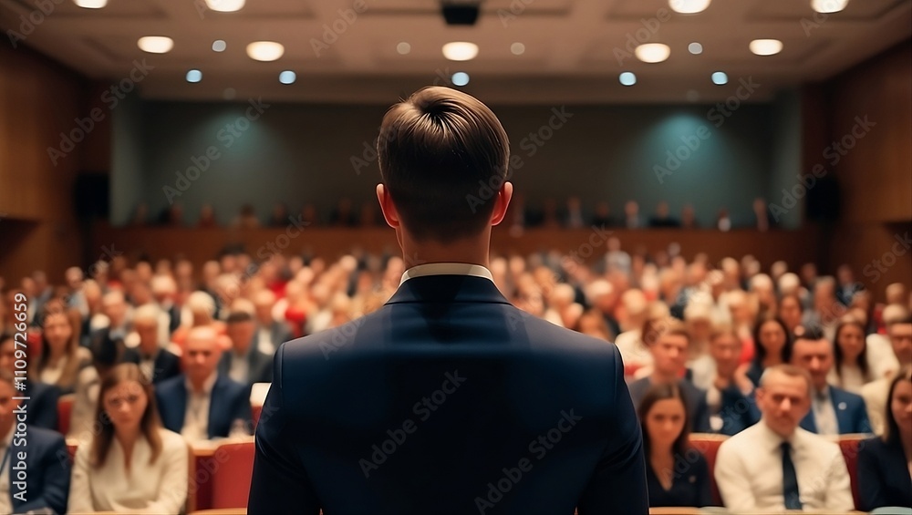 Man in dark suit addresses diverse audience in a formal conference or lecture hall setting Man in dark suit addresses diverse audience in a formal conference or lecture hall setting