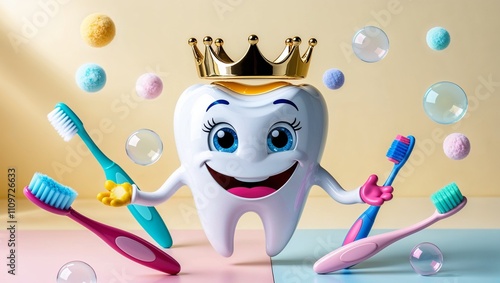 Happy cartoon tooth character with a crown celebrating Dentist Day with toothbrushes and bubbles