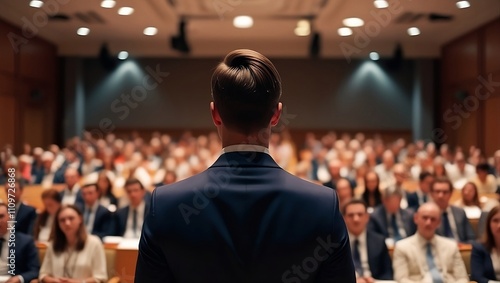 Wallpaper Mural Man in dark suit addresses diverse audience in a formal conference or lecture hall setting Torontodigital.ca