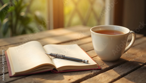 Photorealistic cup of herbal tea beside a journal and pen on a wooden table with warm sunlight