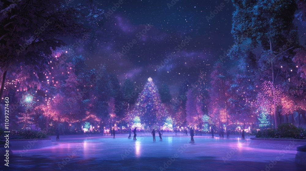 Obraz premium Enchanted Winter Wonderland: Magical Ice Rink with Colorful Lights and Joyous Skaters in Festive Atmosphere