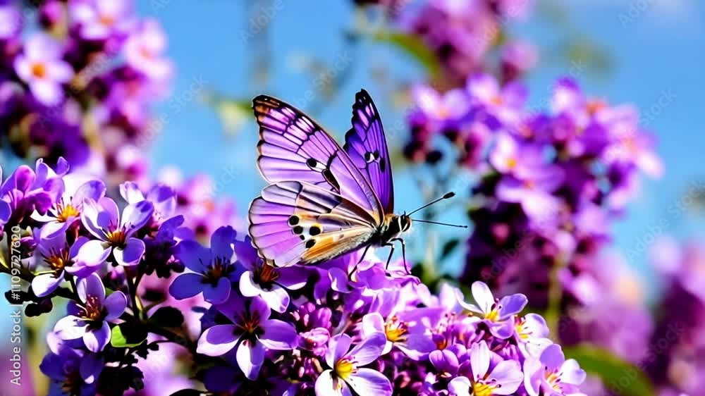 Purple butterfly resting on lilac flowers, with a soft bokeh background creating a dreamy atmosphere. Purple butterfly resting on lilac flowers, with a soft bokeh background creating a dreamy atmosphere.