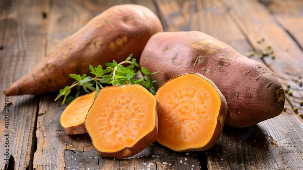 A close-up of a sweet potato on a wooden background. Vegetables. A close-up of a sweet potato on a wooden background. Vegetables.