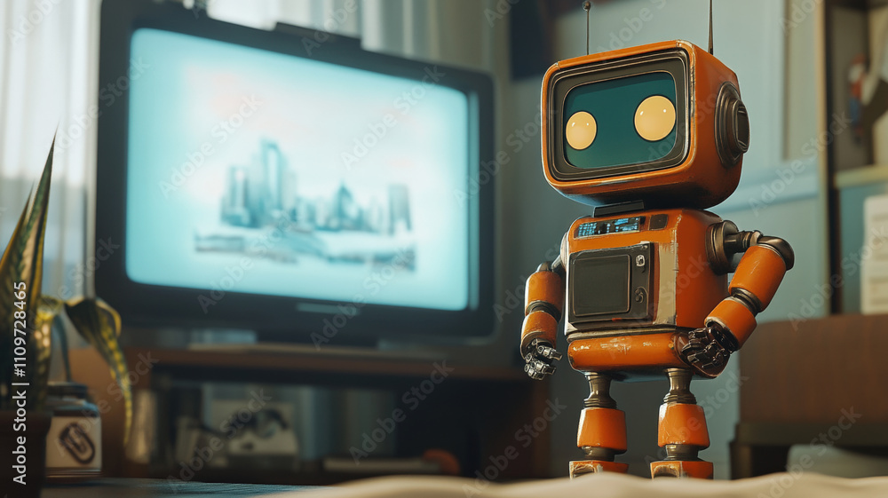 Naklejka premium Futuristic robot in a modern living room, blending technology and comfort, cozy atmosphere, soft lighting, sci-fi ambiance.