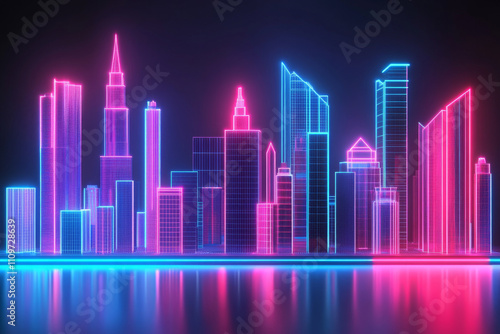 vibrant 3D city skyline glowing with neon lights at night.