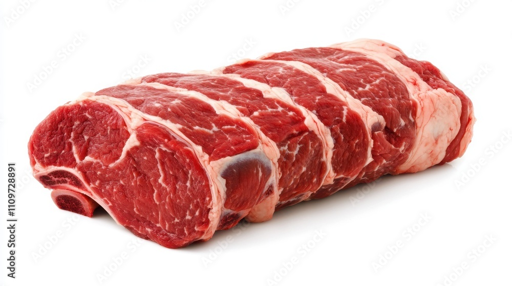 Raw beef rib roast with visible marbling and bones Raw beef rib roast with visible marbling and bones