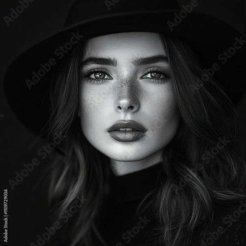 black and white closeup portrait of a young, beautiful woman on black background, concept of cosmetics, skincare and beauty