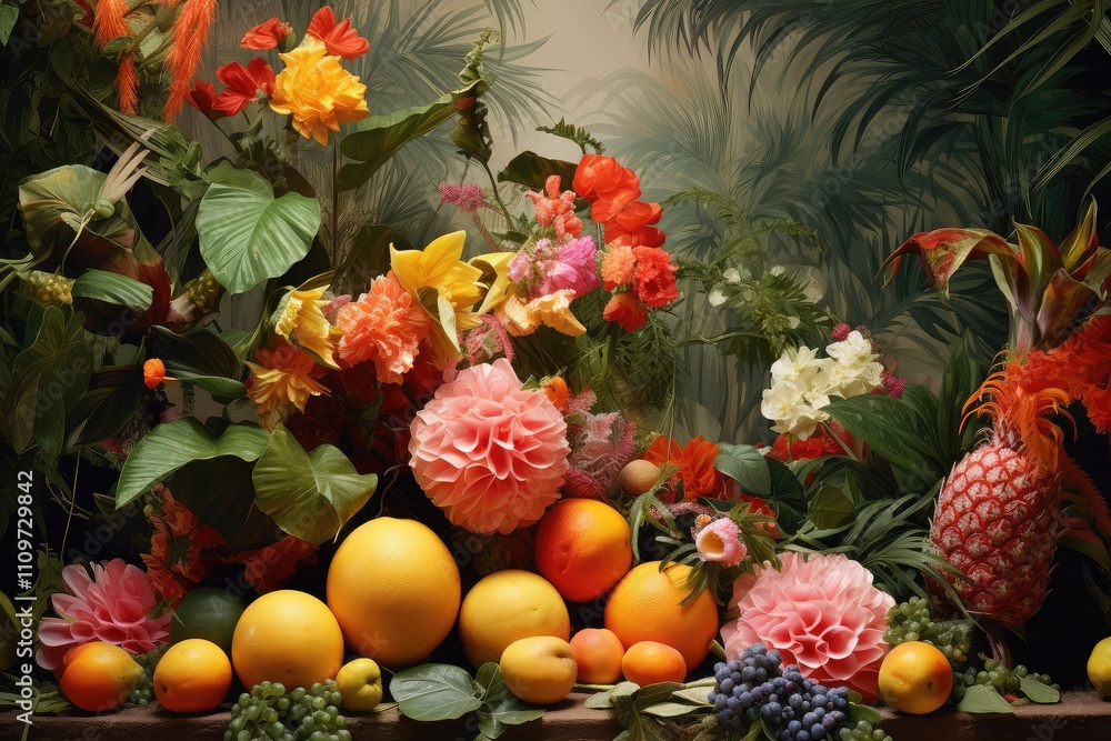 A striking arrangement of tropical fruits and vivid flowers showcases a paradise filled with color highlighting natures beauty and diversity A striking arrangement of tropical fruits and vivid flowers showcases a paradise filled with color highlighting natures beauty and diversity