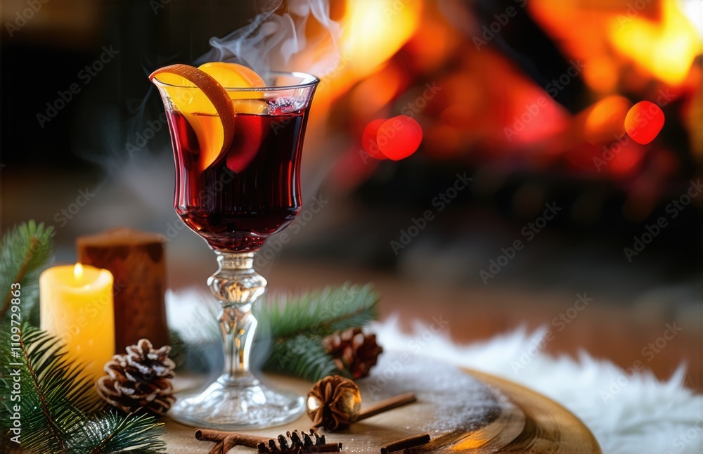 Mulled wine with smoke on a Christmas festive background with a fireplace, Smoked Bishop. Mulled wine with smoke on a Christmas festive background with a fireplace, Smoked Bishop.
