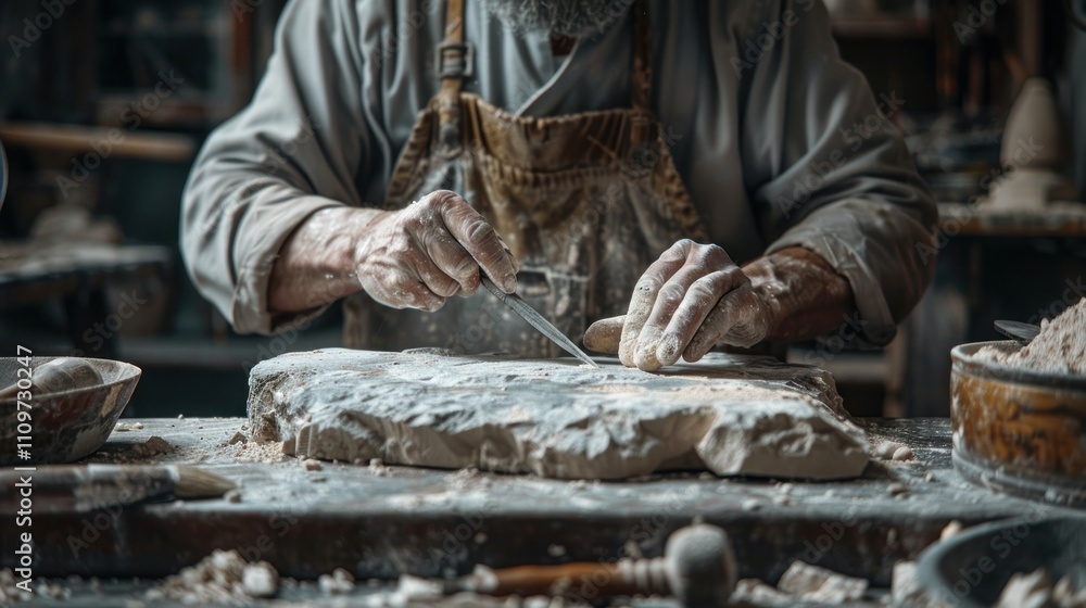 Sculptor's hands meticulously carving stone. Sculptor's hands meticulously carving stone.