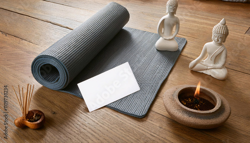 Business card mock up on a rolled yoga mat with incense and decorative figures for yoga instructors in a calming environment photo