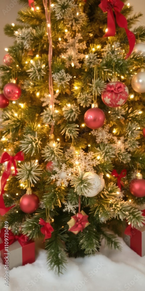 Fototapeta premium A festive Christmas background with a decorated tree, twinkling lights, and ornaments, yuletide, traditional