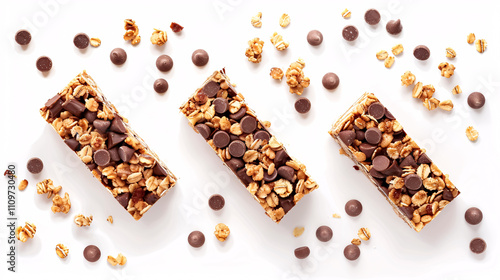 Tasty granola bars arranged on a white background, top view.