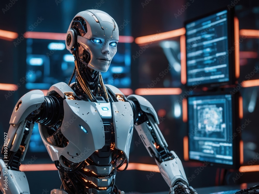 A humanoid robot standing in a digital landscape, surrounded by glowing data streams and futuristic elements, showcasing advanced technology and sci-fi design A humanoid robot standing in a digital landscape, surrounded by glowing data streams and futuristic elements, showcasing advanced technology and sci-fi design