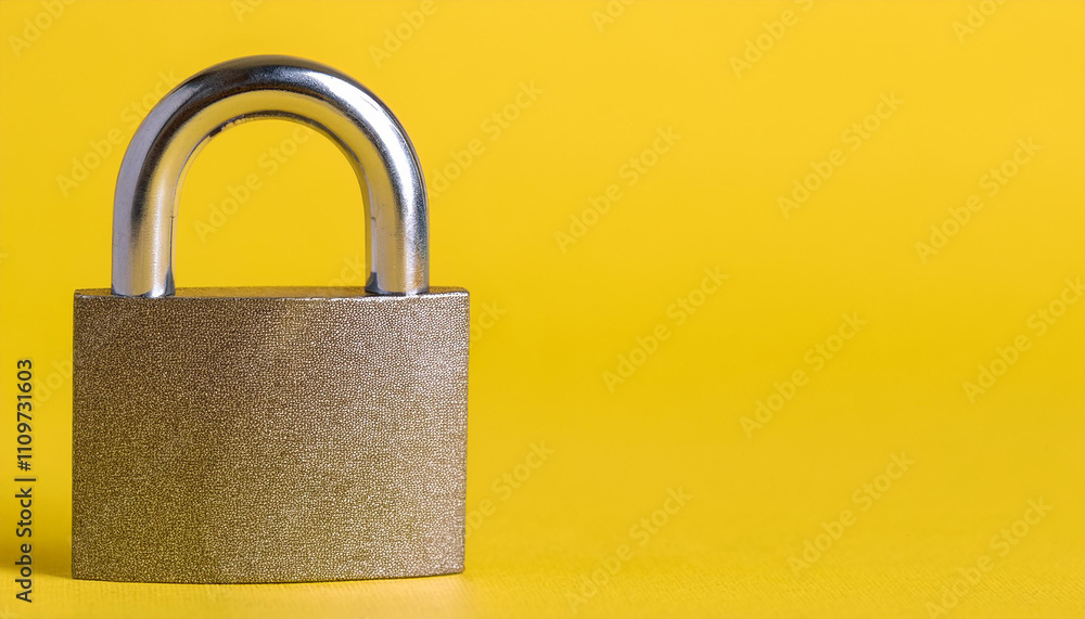 Metal padlock on yellow backdrop. Safety and protection. Security concept. Metal padlock on yellow backdrop. Safety and protection. Security concept.