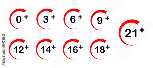 Age restriction icon set for 0, 3, 6, 9, 12, 14, 16,18 and 21 plus vector isolated on white background. Adults only. age limit concept