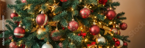 Beautifully decorated Christmas tree with colorful ornaments and twinkling lights, festive, tree