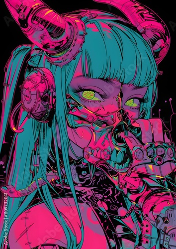 Neon-lit cyberpunk anime girl with vibrant teal and pink hair, adorned in intricate mechanical accessories.