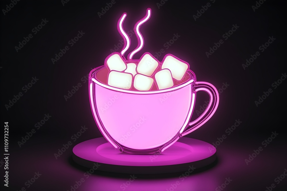 An isolated shot of neon hot chocolate with marshmallows on a black background. An isolated shot of neon hot chocolate with marshmallows on a black background.