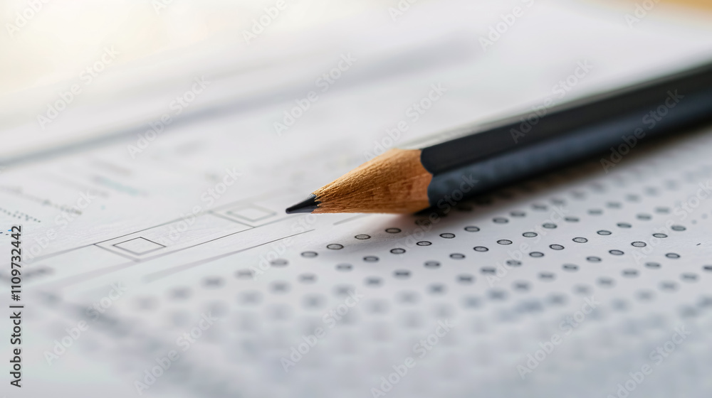 Test score sheet with answers marked, grade A+, and a pencil, close-up. Test score sheet with answers marked, grade A+, and a pencil, close-up.