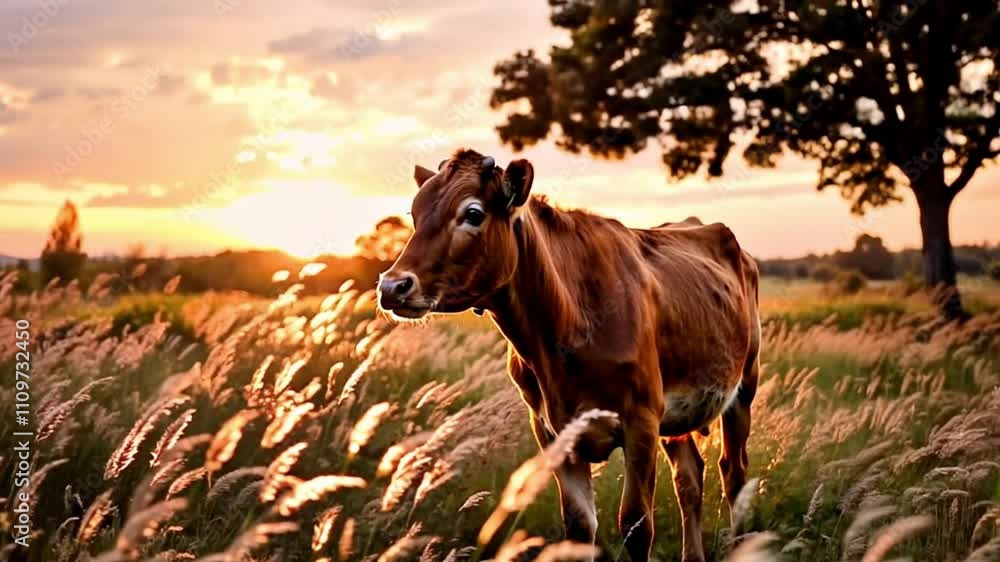 Young cow standing in tall grass, bathed in the warm glow of the setting sun in nature. Young cow standing in tall grass, bathed in the warm glow of the setting sun in nature.