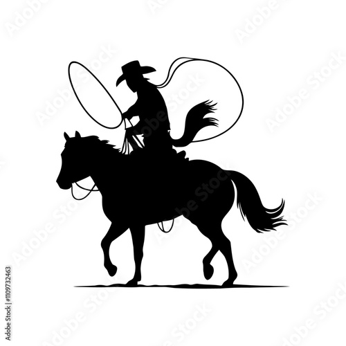 Cowboy silhouette rider riding a horse. This is a Wild West figure illustration of a guy riding a horse wearing a cowboy hat and lasso.