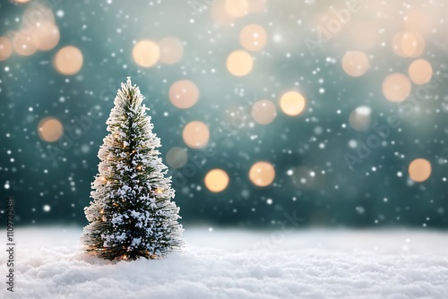 Empty white snow with blur Christmas tree with bokeh light background,