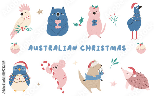 Set of hand drawn Australian animal characters koala, quokka, cockatoo, emu, echidna and kangaroo.
