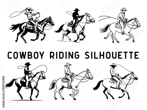 Cowboy rider riding a horse. This is a Wild West figure illustration of a guy riding a horse wearing a cowboy hat and lasso line art vector silhouette