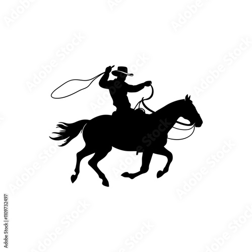 Cowboy silhouette rider riding a horse. This is a Wild West figure illustration of a guy riding a horse wearing a cowboy hat and lasso.