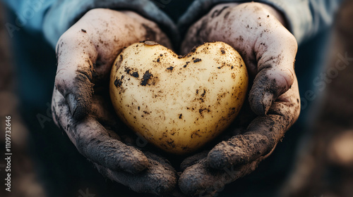 heart shaped potato being held by a farmer