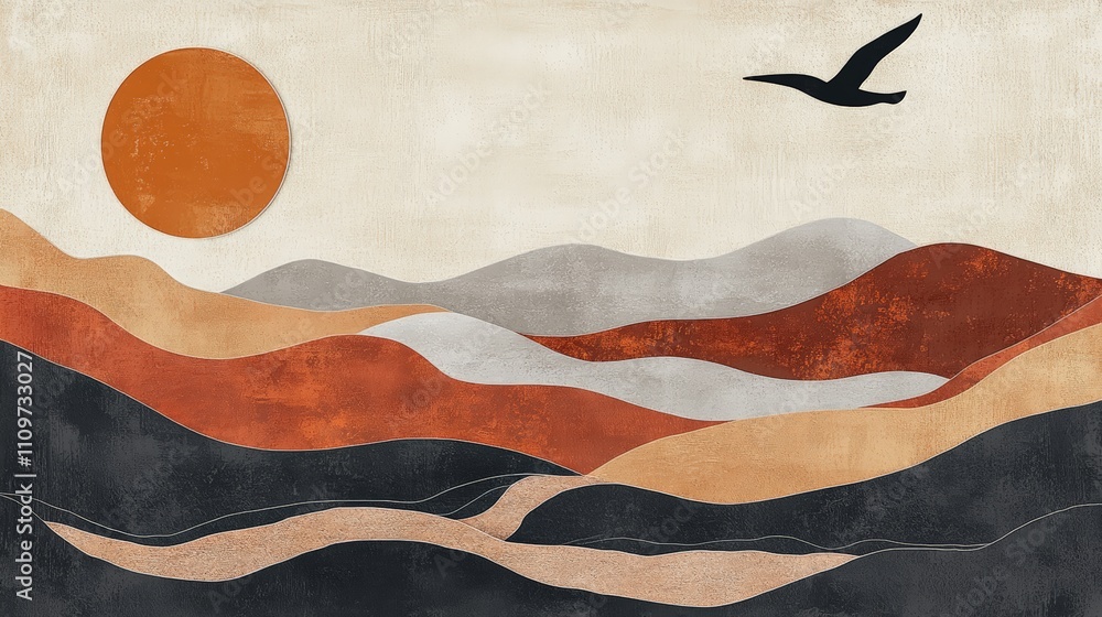 Abstract landscape; sun, bird, earthy tones. Abstract landscape; sun, bird, earthy tones.