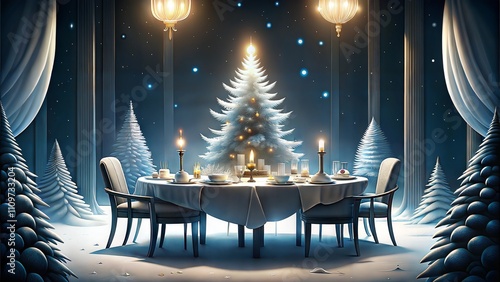 Elegant winter wonderland dining scene with snowy christmas tree and candlelit ambiance photo