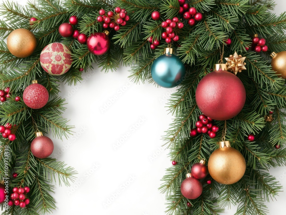 Fototapeta premium Christmas pine branch adorned with festive decorations and colorful balls, traditional, balls