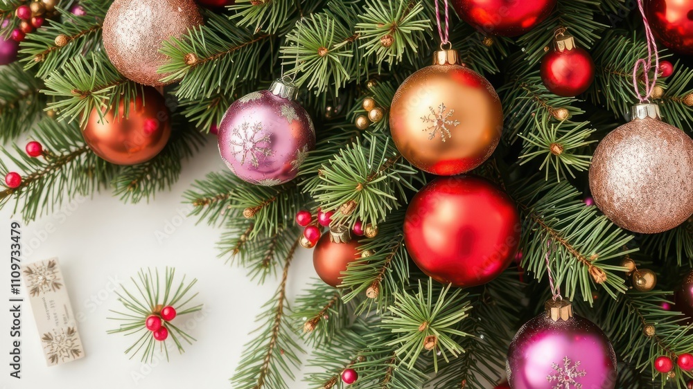 Christmas pine branch adorned with shiny decorations and colorful balls, balls, traditional Christmas pine branch adorned with shiny decorations and colorful balls, balls, traditional