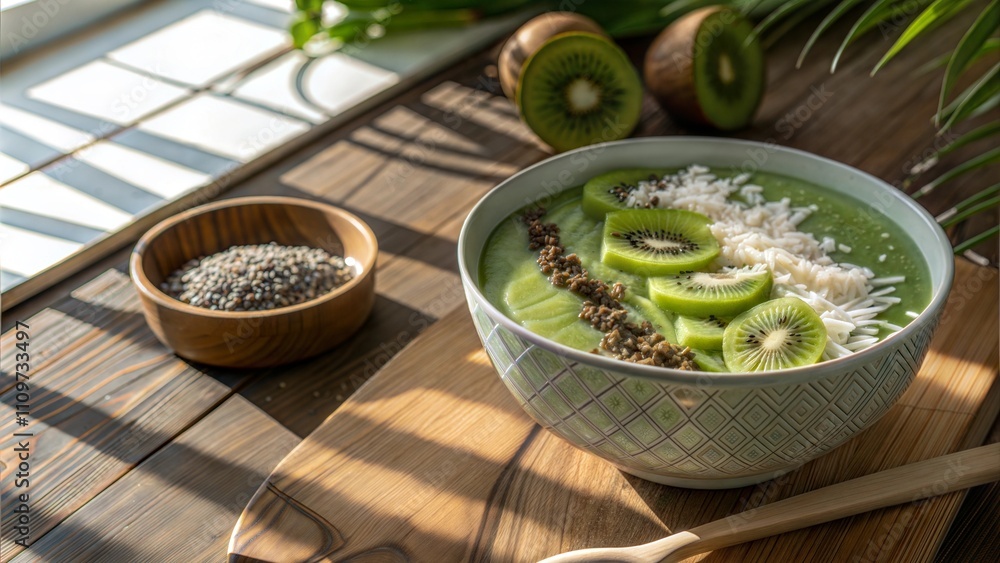 Healthy kiwi smoothie bowl with toppings on wooden table in sunlit kitchen Healthy kiwi smoothie bowl with toppings on wooden table in sunlit kitchen